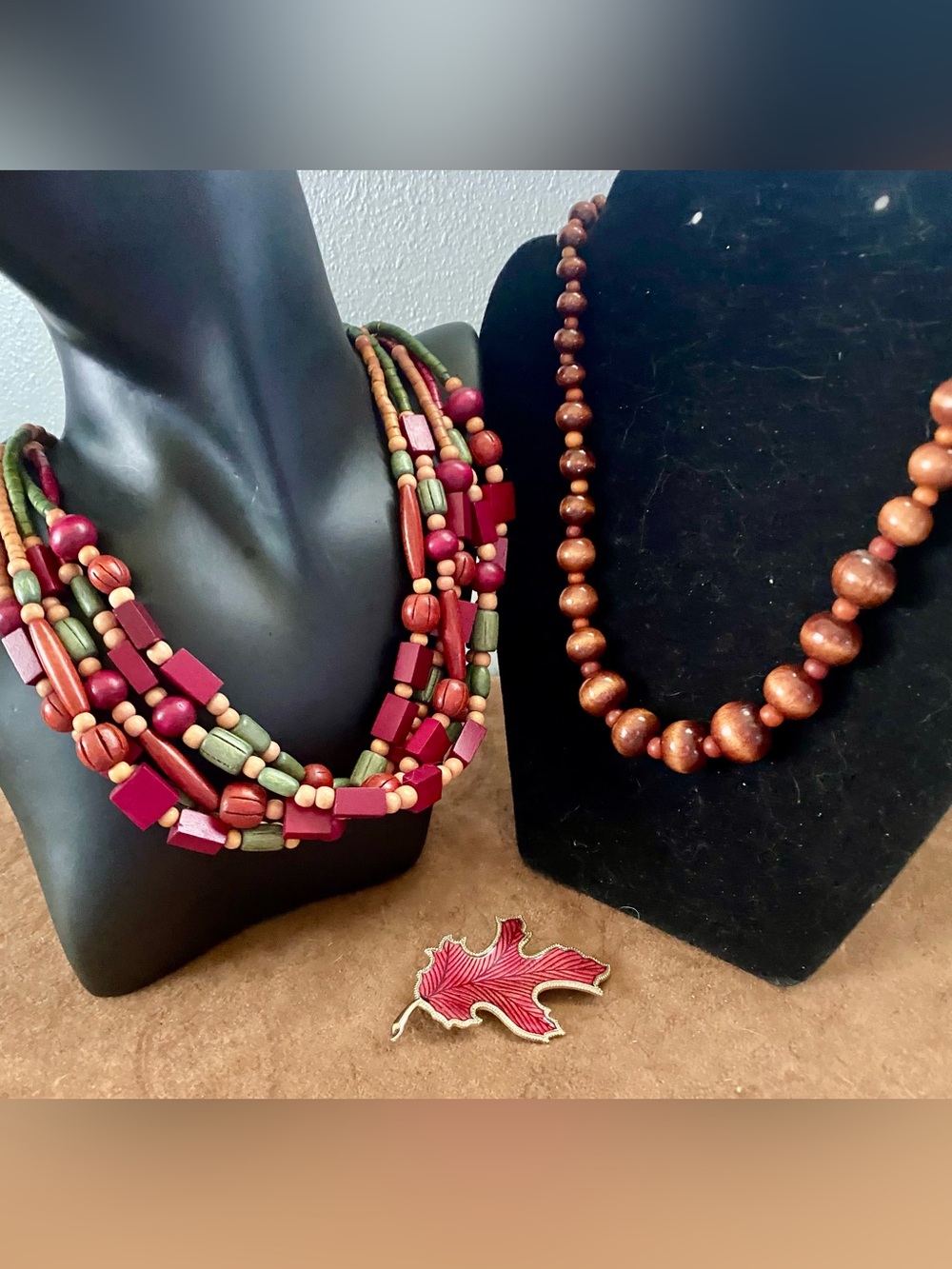 Fall Jewelry Multi-Strand Burgundy and Olive Wooden Beaded Necklace -Leaf Brooch